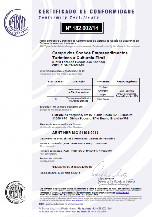 Certificado de conformidade ISO 21101-2014 - turismo com atividades de técnicas verticais e atividades de águas brancas - Parque dos Sonhos - SOCORRO-SP