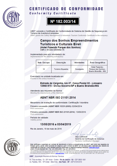Certificado de conformidade ISO 21101-2014 - turismo equestre - Parque dos Sonhos - SOCORRO-SP